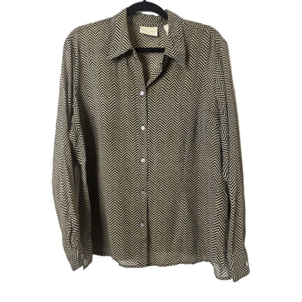 First Issue VTG Womens Size 18 Black Beige Herringbone Button Up Collar Blouse